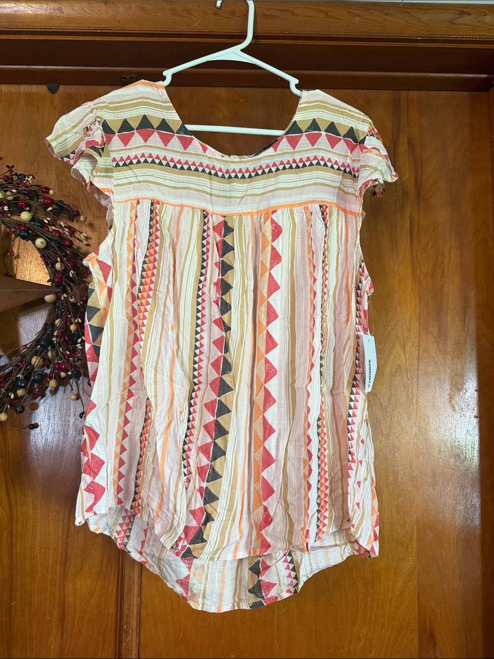 Sonoma Coral & Cream Geometric Cap-Sleeve Tunic